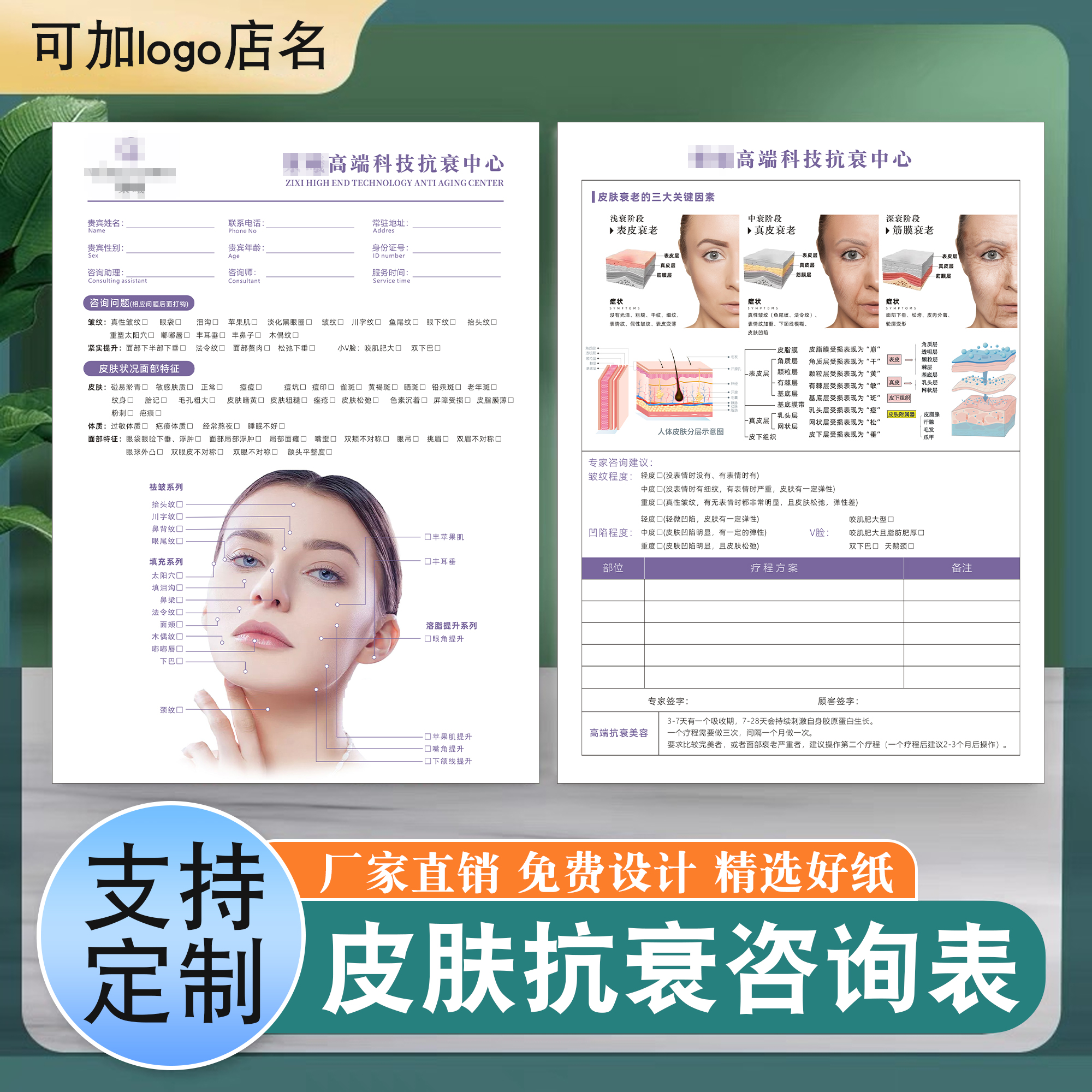 美容院抗衰咨询单定制皮肤管理问诊表色斑抗皱医美整形美学设计单