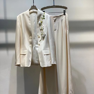 醋酸真丝订珠西装 设计师款 正版 阔脚长裤 气质女套装 外套 高定