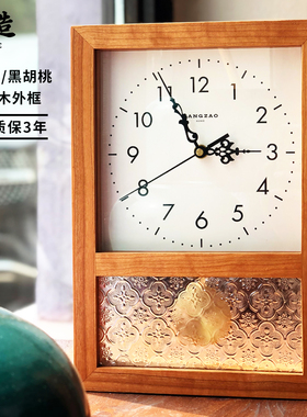 将造实木日式复古钟北欧新中式挂墙时钟静音长方形原木摆钟座钟表
