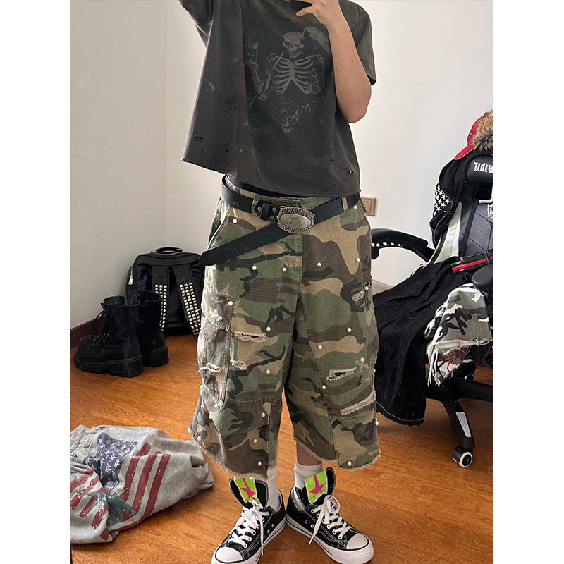 美式复古珍珠破洞迷彩牛仔短裤男