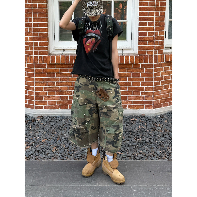 美式复古破洞迷彩牛仔裤男女夏季宽松阔腿工装多口袋七分裤中裤子