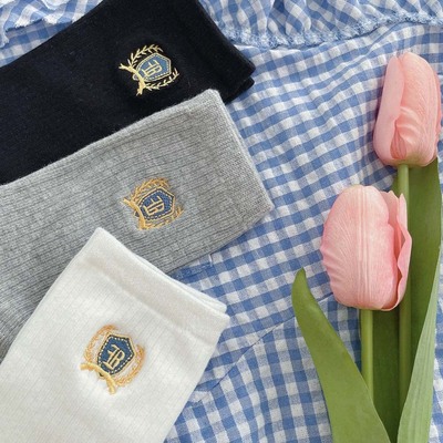 纯色jk制服袜徽章刺绣棉袜透气