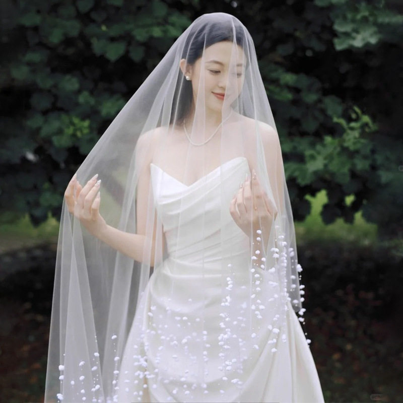 新款铃兰花流苏头纱超仙新娘婚纱礼服配饰拍照道具手工仿珍珠头纱