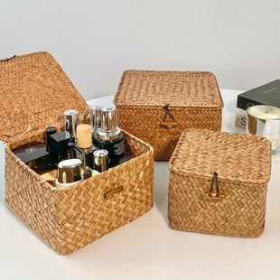 ins风日式桌面收纳盒手工编织茶几零食杂物收纳筐草编带盖收纳篮