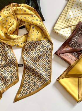 时髦复古黄色长条缎面丝巾女春夏系脖配饰小众设计感绑发飘带领巾