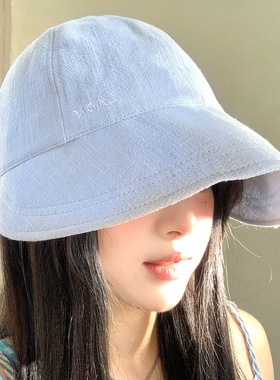 蓝色棉麻透气渔夫帽女夏季薄款大帽檐显脸小户外百搭遮阳防晒帽子