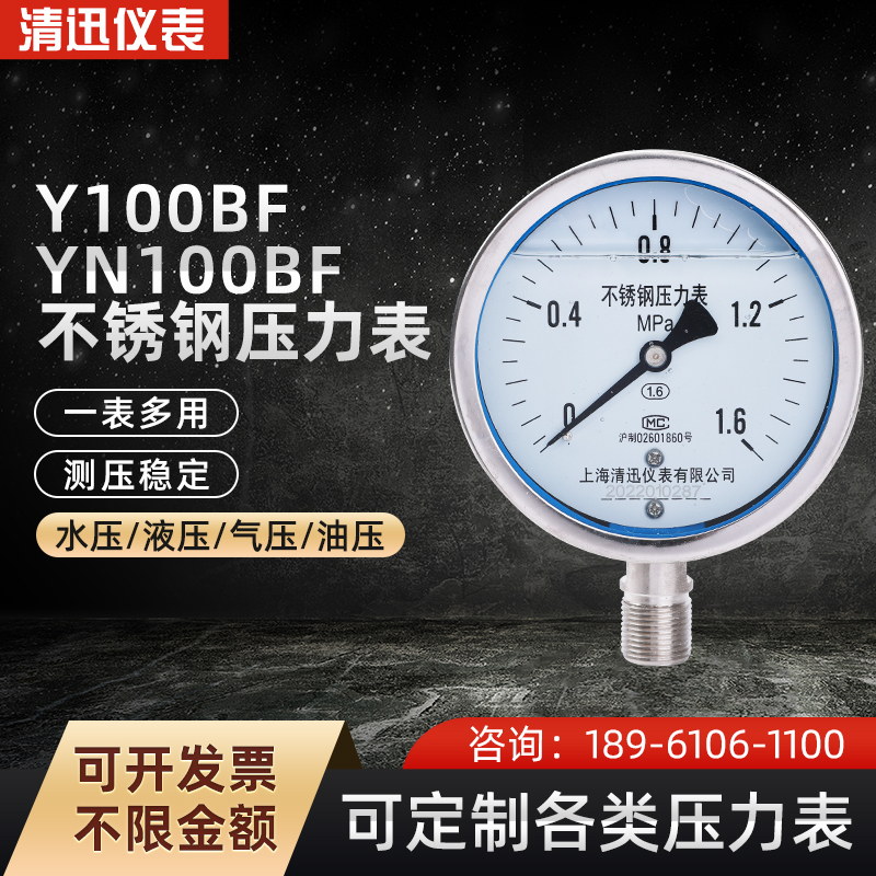 YN100BF不锈钢耐震压力表304/316L接头表壳耐腐蚀0-0.6/1.6Mpa 五金/工具 压力表 原图主图