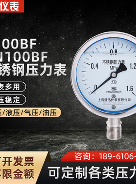 YN100BF不锈钢耐震压力表304/316L接头表壳耐腐蚀0-0.6/1.6Mpa