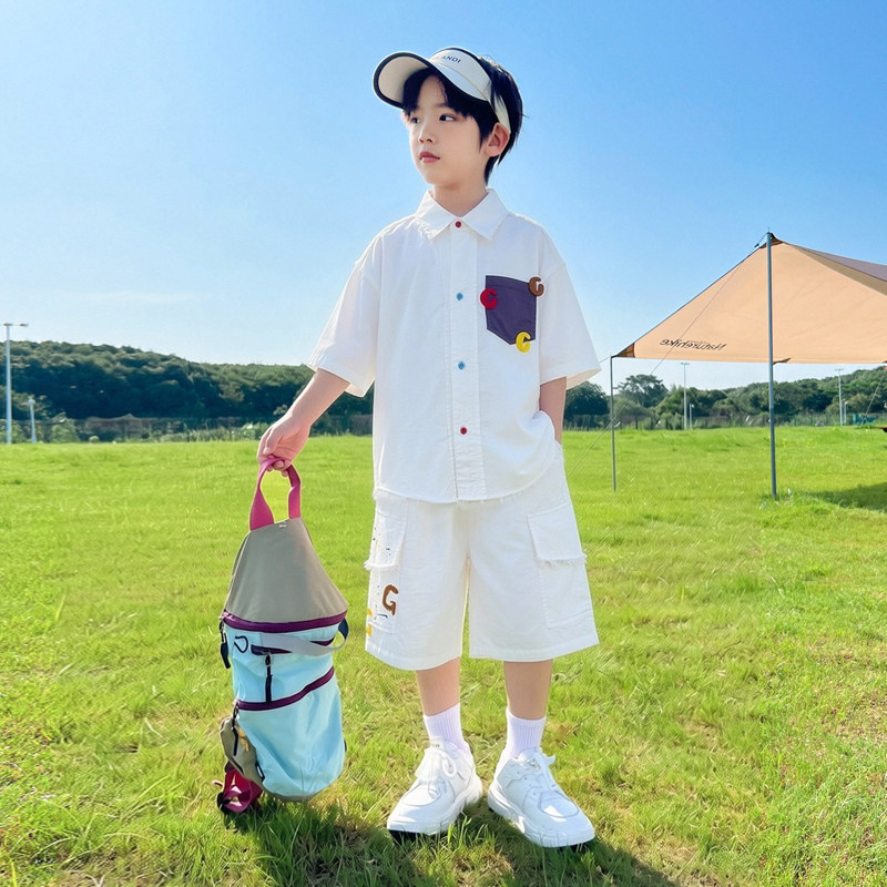 男童套装夏季衬衫短袖2026新款休闲中大童夏装儿童白色短裤两件套