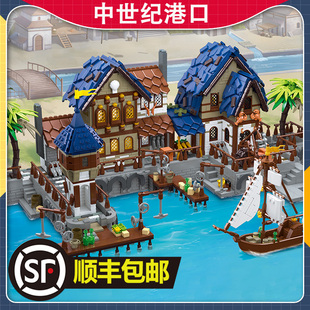 杰星积木高难度街景建筑中世纪港口模型摆件儿童益智拼装玩具礼物