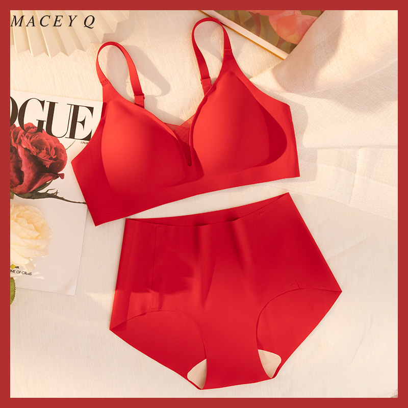 本命年内衣红色女士套装无痕大胸显小性感胸罩新娘聚拢无钢圈文胸