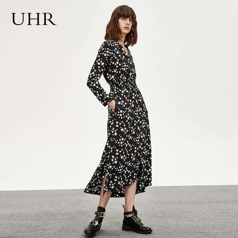 UHRС³û¾ÕºÚÉ«Ë黨Á¬ÒÂȹŮÇï×°2019пîÊÕÑüÏÔÊÝÆøÖʳ¤ÐävÁ쳤ȹ