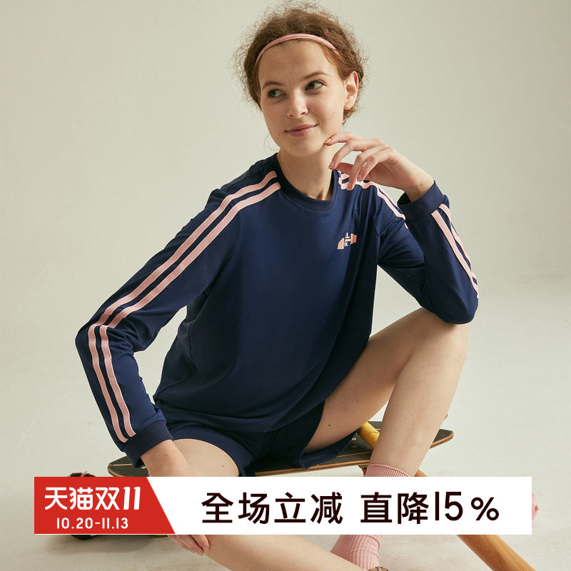 GYMNA美式复古运动长袖T恤女宽松休闲圆领上衣速干弹力健身打底衫