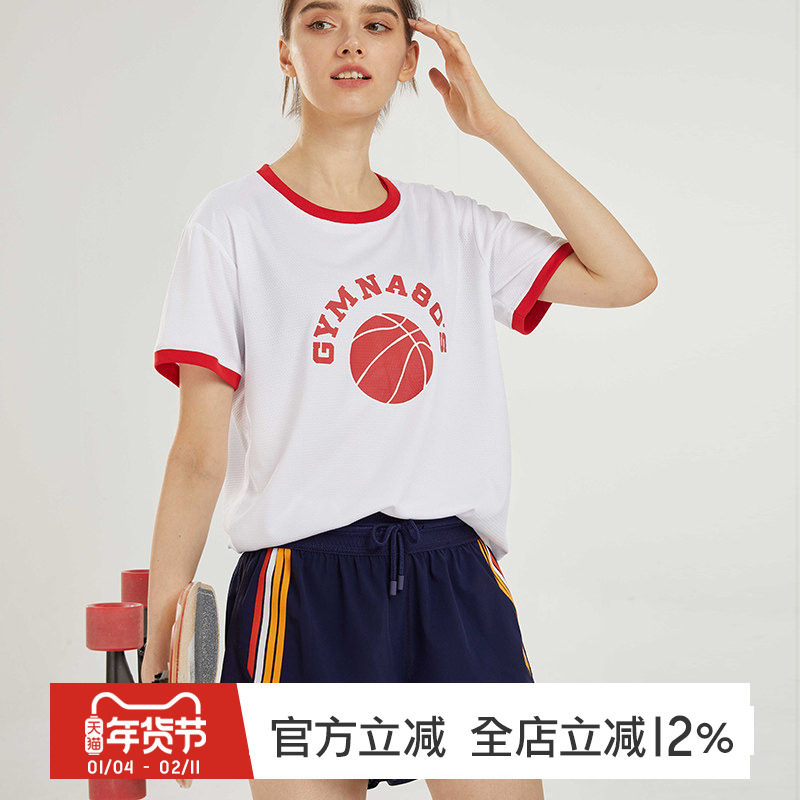 gymna复古学院风宽松瑜伽上衣女透气运动大码t恤跑步短袖健身服夏