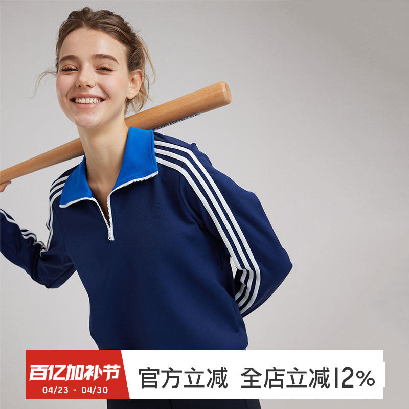 gymna复古宽松运动卫衣翻领半拉链套头学院风速干撞色休闲上衣女