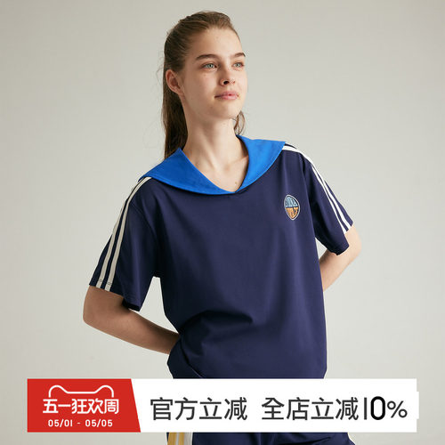 海军领撞色速干宽松运动T恤女