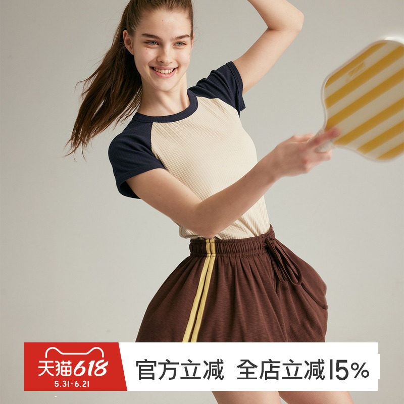 gymna复古撞色修身短袖弹力棉质插肩袖T恤女坑条显瘦运动健身上衣