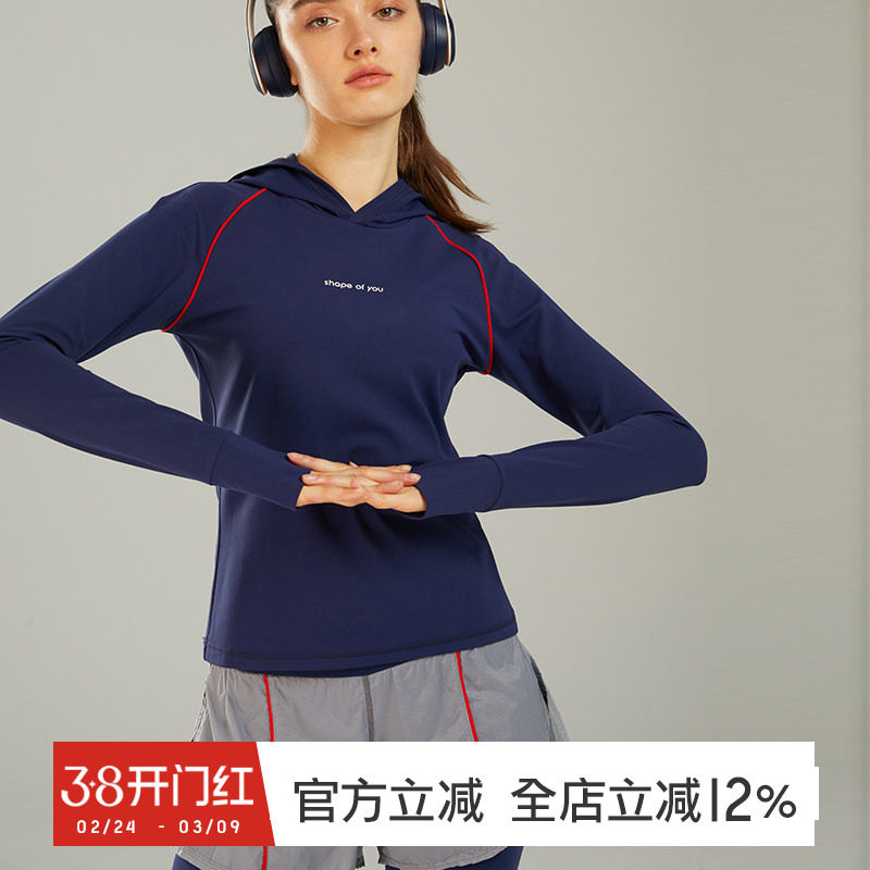 gymna复古学院风女长袖运动休闲健身衣连帽修身跑步上衣训练服春