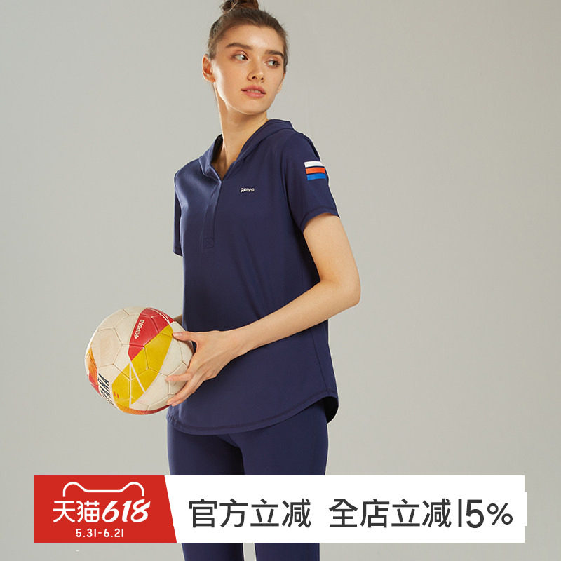 gymna复古学院风女健身瑜伽服修身显瘦跑步休闲服短袖连帽T恤春夏