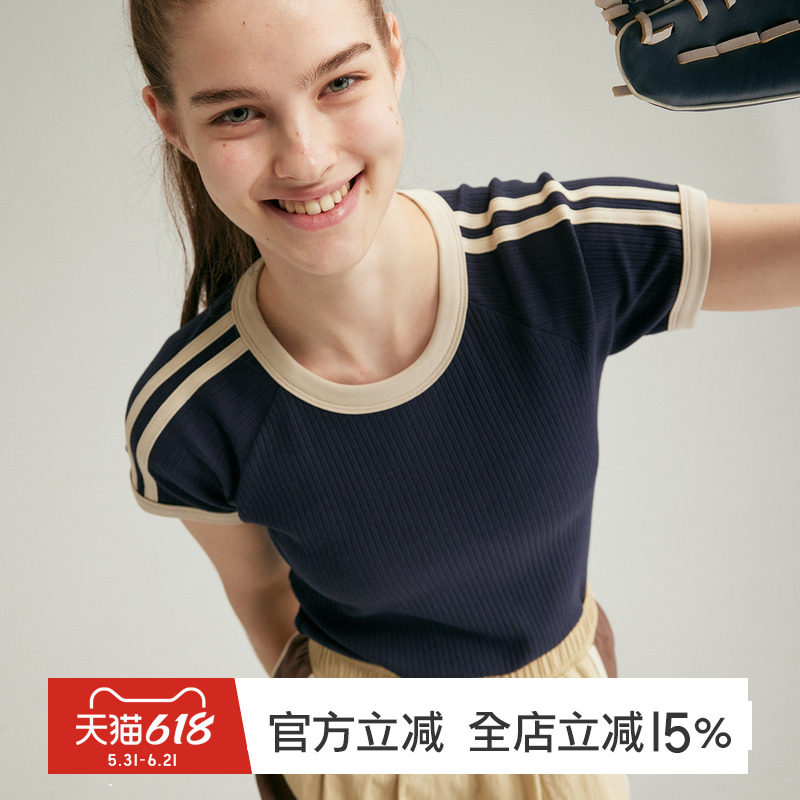 gymna复古短袖正肩撞色T恤女棉质弹力修身显瘦百搭运动上衣健身服