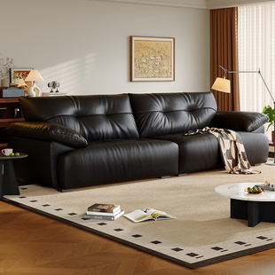 浪度浮云真皮沙发客厅中古风小户型直排头层牛皮2025新款轻奢黑色