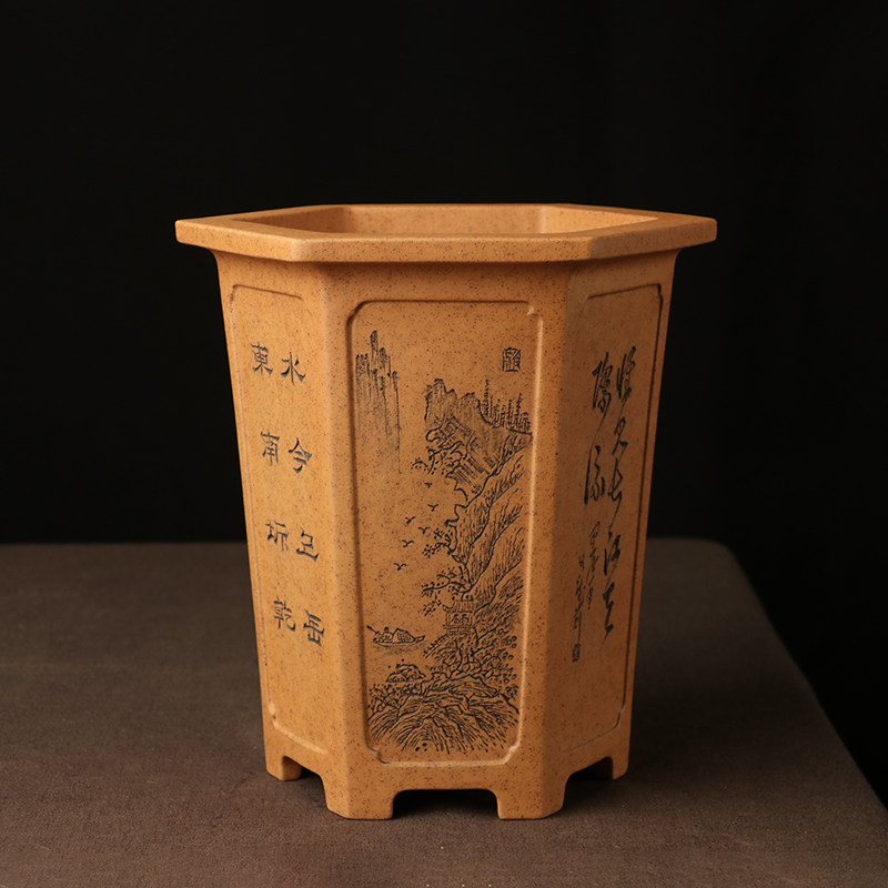 蔓木人宜兴紫砂花盆唯珍精品紫砂兰花盆手工刻绘六方段泥柴烧桌面