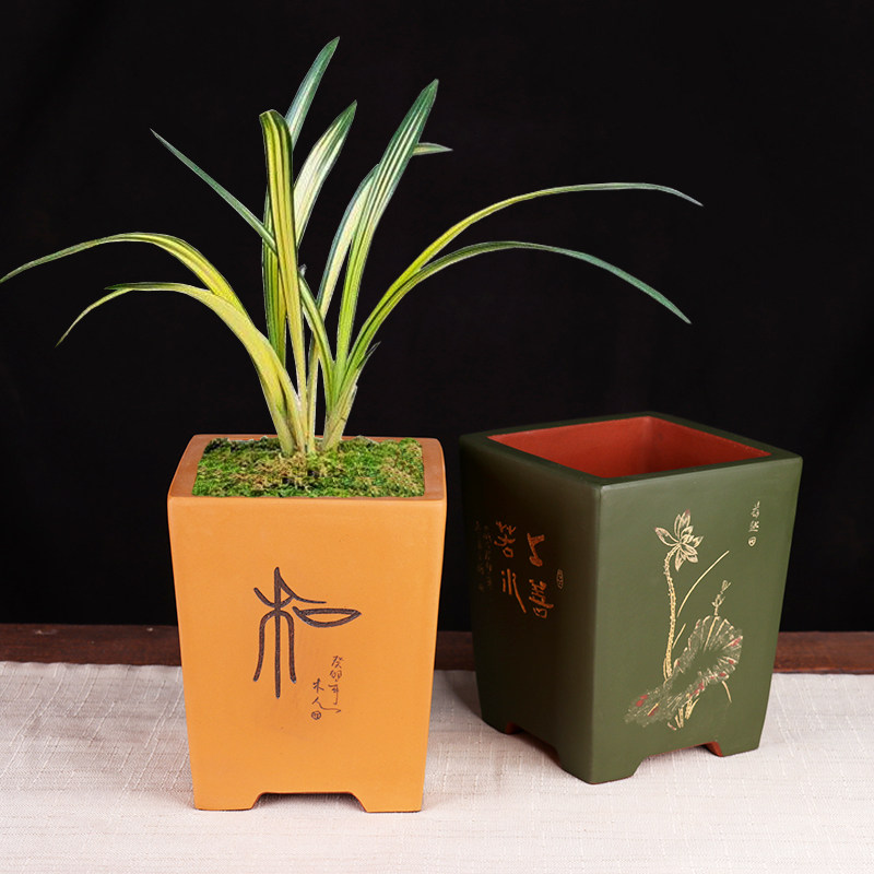 蔓木人紫砂宜兴紫砂花盆兰花盆精品手工刻绘古典四方盆君子兰盆景图片