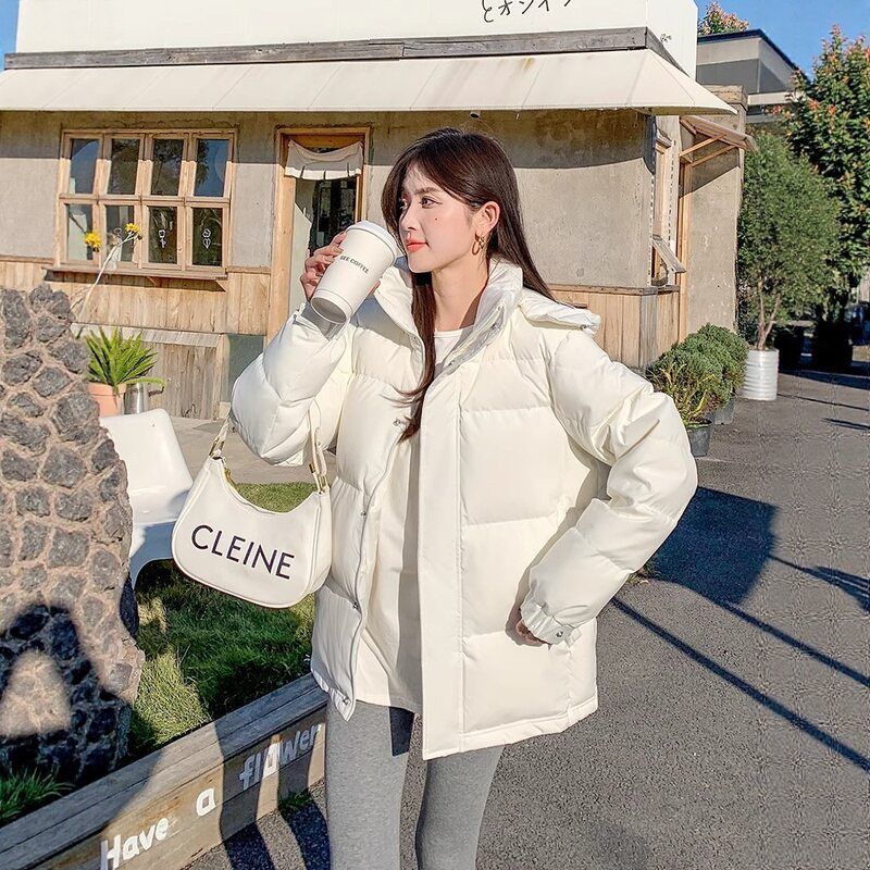 韩版宽松加厚学生2025新款冬季连帽中戏羽绒服女短款面包服男外套