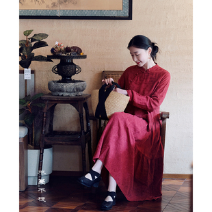 连衣裙A字蛋糕裙手工盘扣文艺春 亚麻棉文艺中式 不蔓不枝 花信