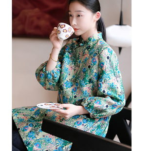 不蔓不枝【玉叶】提花机理改良旗袍连衣裙泡泡袖立领文艺复古春季