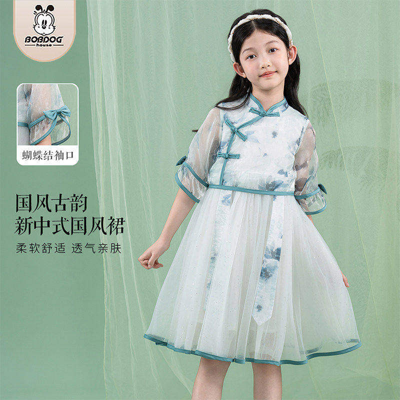 巴布豆儿童连衣裙2026夏季新款中大童原创国风新中式女童旗袍裙