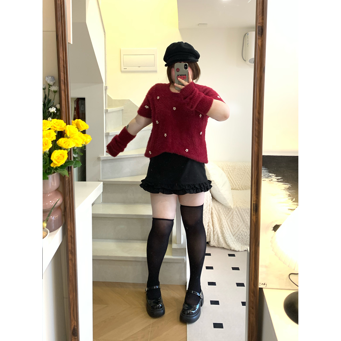 dese嘚瑟软糖大码高腰显瘦半身裙女包臀裙冬季胖mm拼接木耳边短裙