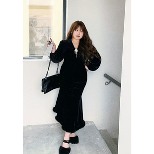 dese嘚瑟软糖大码高级感年会礼服裙胖mm性感鱼尾裙复古丝绒连衣裙