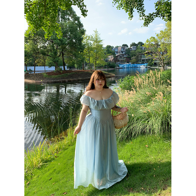 dese嘚瑟软糖法式荷叶边一字肩抹胸连衣裙气质收腰显瘦公主裙长裙