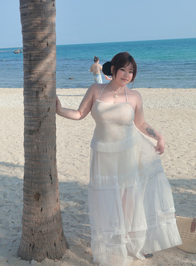 dese嘚瑟软糖度假风白色蕾丝拼接网纱挂脖连衣裙女超仙蛋糕裙长裙