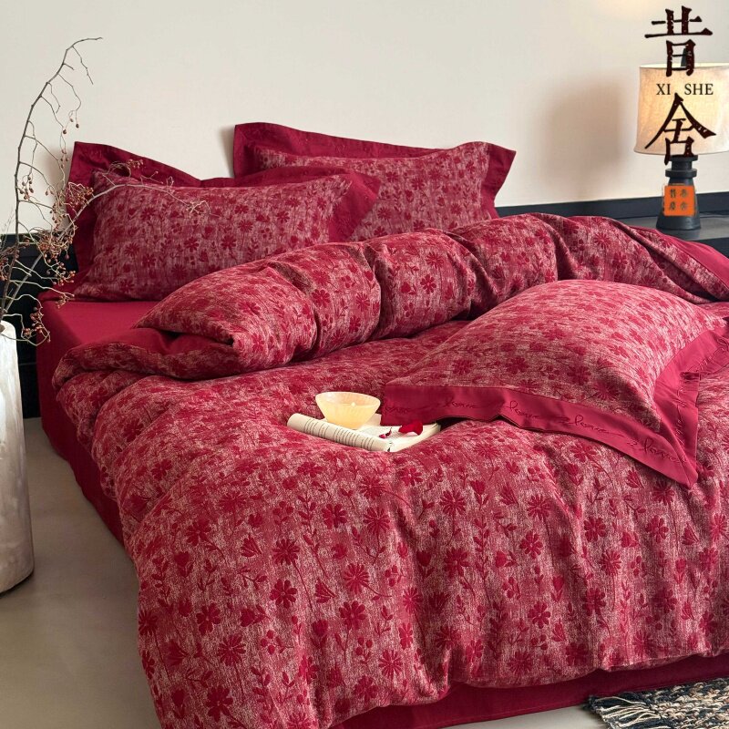 新婚陪嫁100S长绒棉四件套全棉纯棉复古红色花卉中式婚庆被套床品