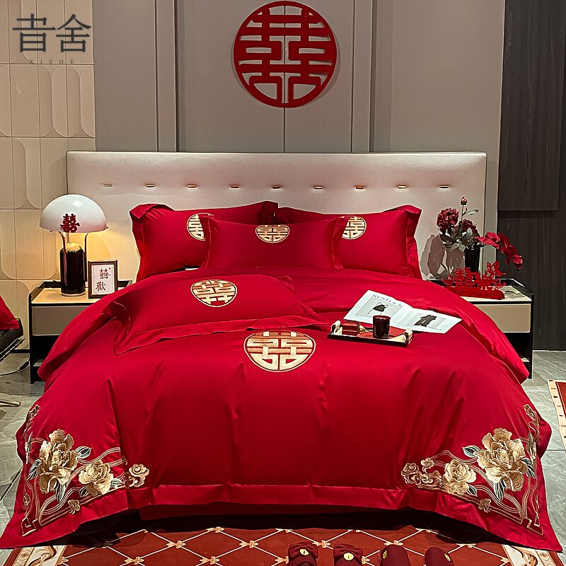 中式婚庆四件套大红全棉龙凤纯棉刺绣新婚嫁房礼结婚喜被床单床品