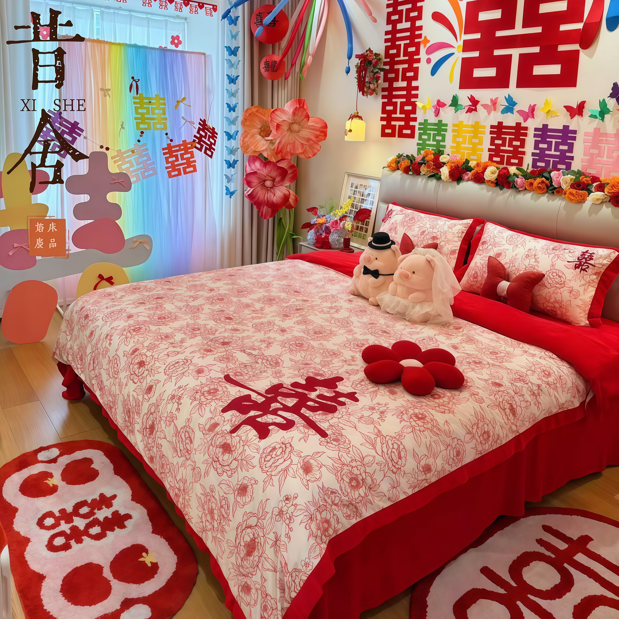 新婚四件套红花纹囍字刺绣珊瑚绒图片