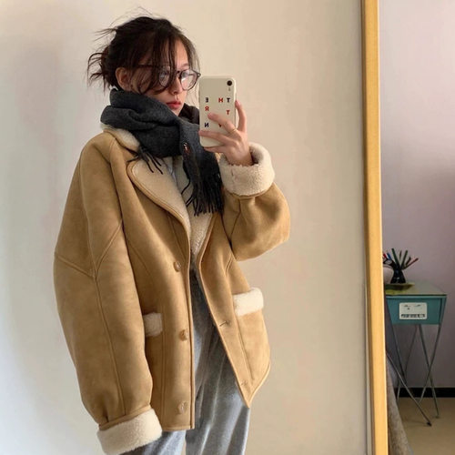 羊剪绒大衣皮草外套皮毛一体机车