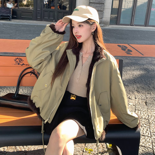 派克服兔毛皮毛一体大衣皮草外套