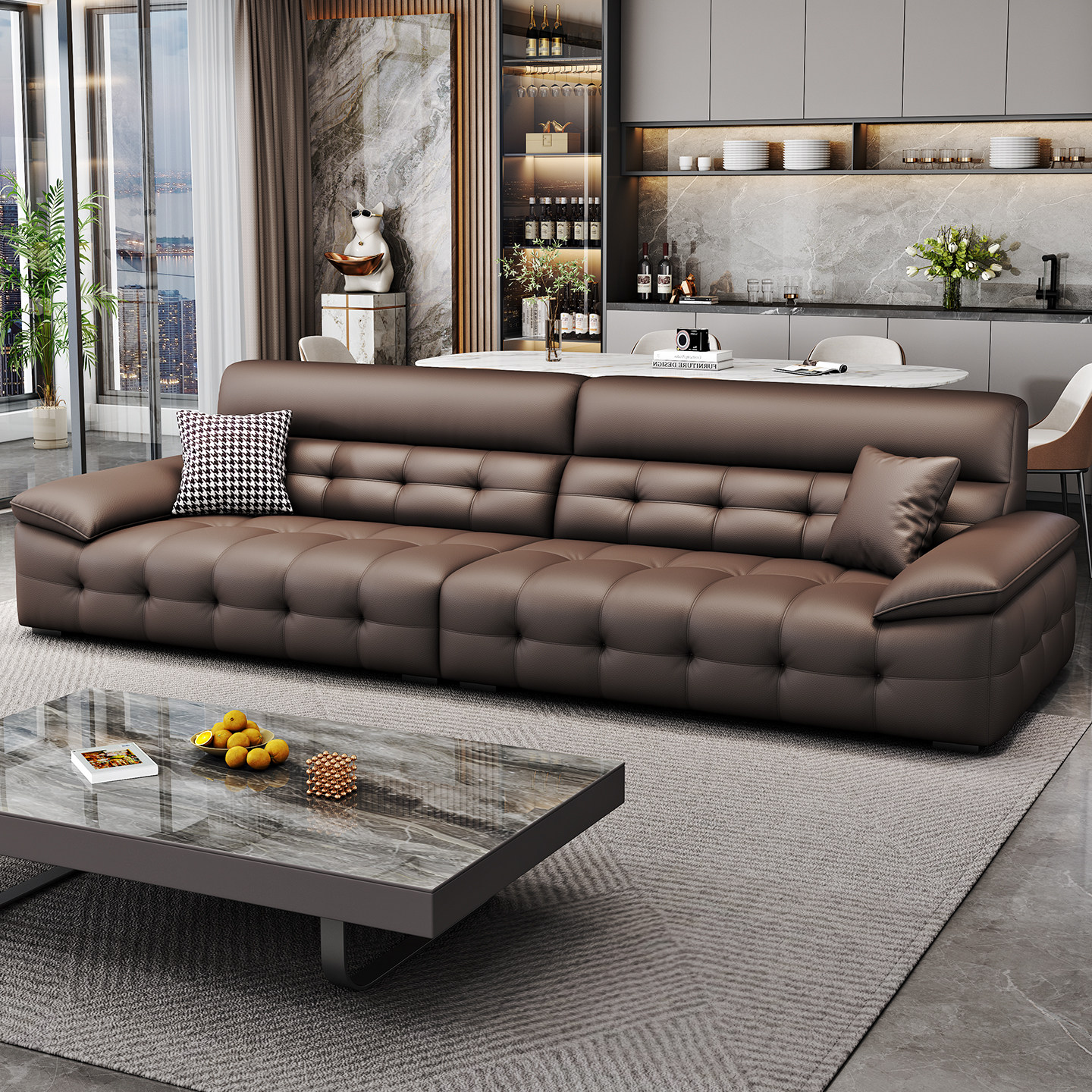 新款高靠背劳伦斯真皮沙发现代简约小户型猫抓皮直排三人沙发组合