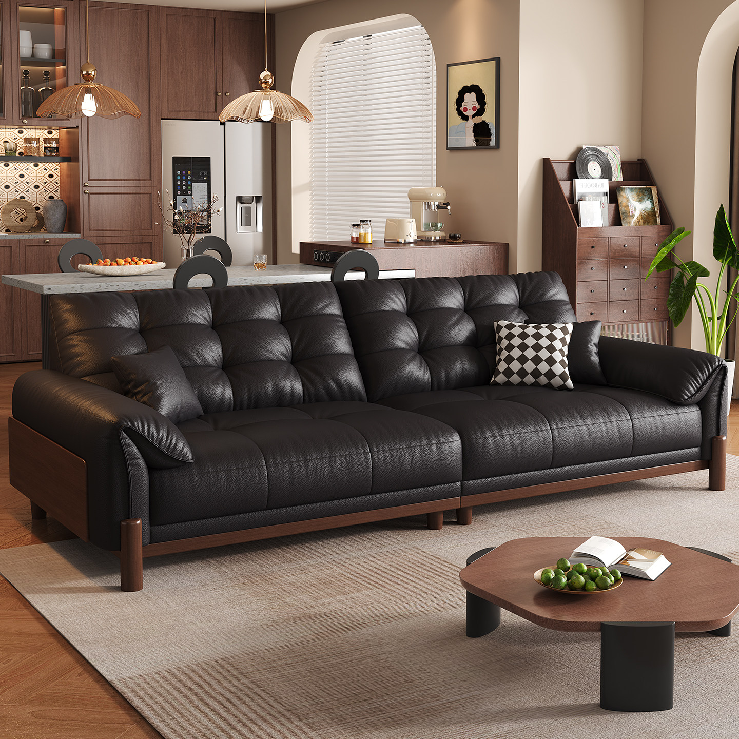 政府补贴2026中古风真皮沙发小户型实木复古直排客厅云朵组合沙发