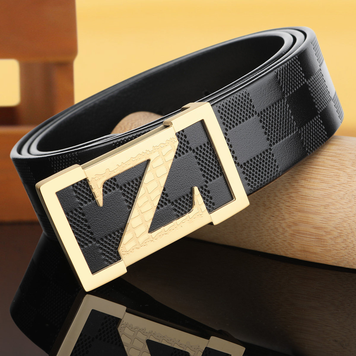 正品 男士皮带纯牛皮平滑扣Z字方格中青年休闲商务真皮高档裤腰带