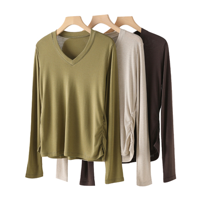 秋季天丝羊毛V领打底衫时尚百搭显瘦纯色上衣 C05C87