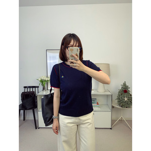 土星刺绣撞色边复古感圆领薄款羊绒混纺针织短袖26春夏新款鸬鹚