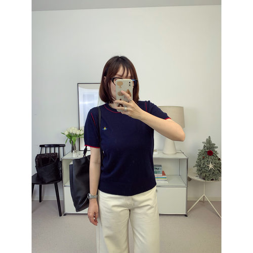 土星刺绣撞色边复古感圆领薄款羊绒混纺针织短袖26春夏新款鸬鹚