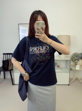 自线鸬鹚私服日本中古款水洗复古藏蓝色字母宽松T恤26夏季新款