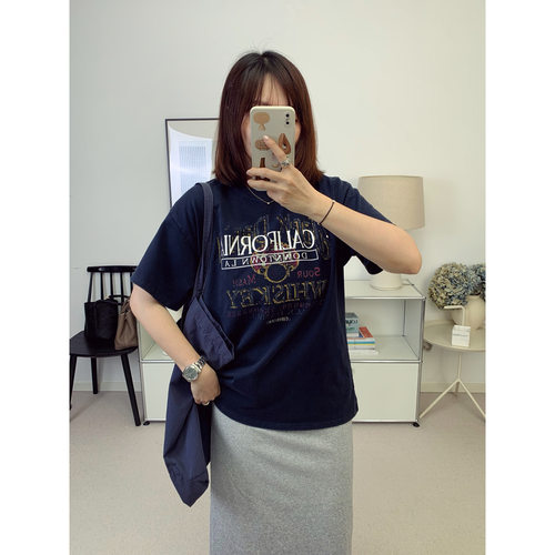 自线鸬鹚私服日本中古款水洗复古藏蓝色字母宽松T恤26夏季新款