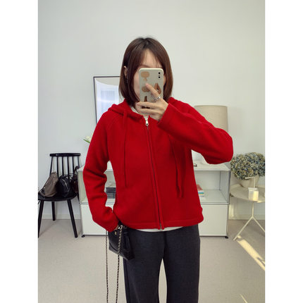 小红帽！新年红系列全羊毛双拉链连帽针织开衫25秋冬新款【鸬鹚】