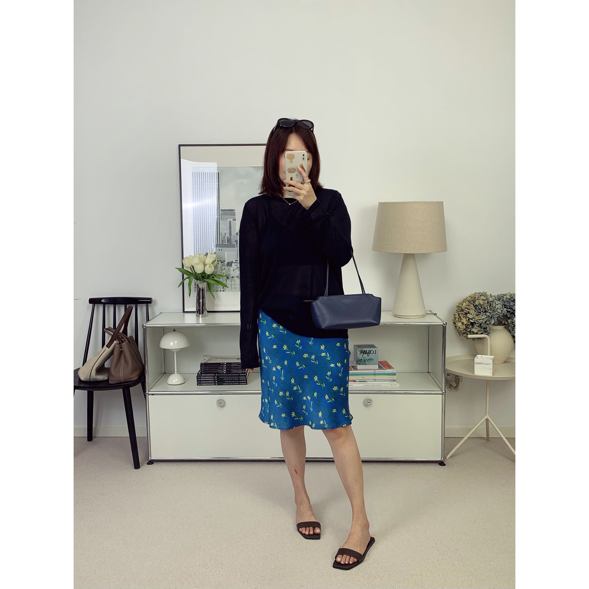蓝野黄花•碎花真丝斜裁松紧腰中长款鱼尾半裙 26夏新款【鸬鹚】